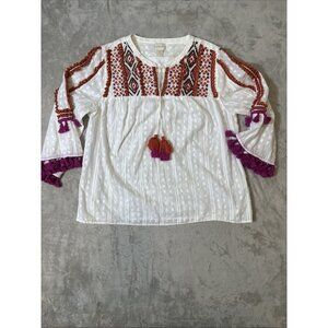 Chico’s Size 2 White Boho Peasant Blouse Embroidered Tassel Sleeve Top